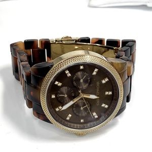 Auth MICHAEL KORS Brown Acrylic Gold Plated Watch